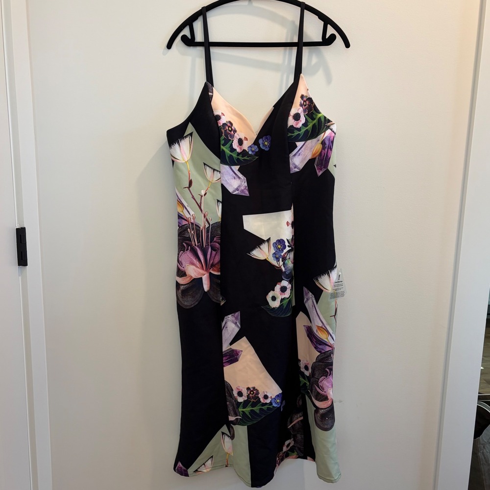 Bariano Australia Floral Crystal Print Midi Dress Black Mint XXL L27D51